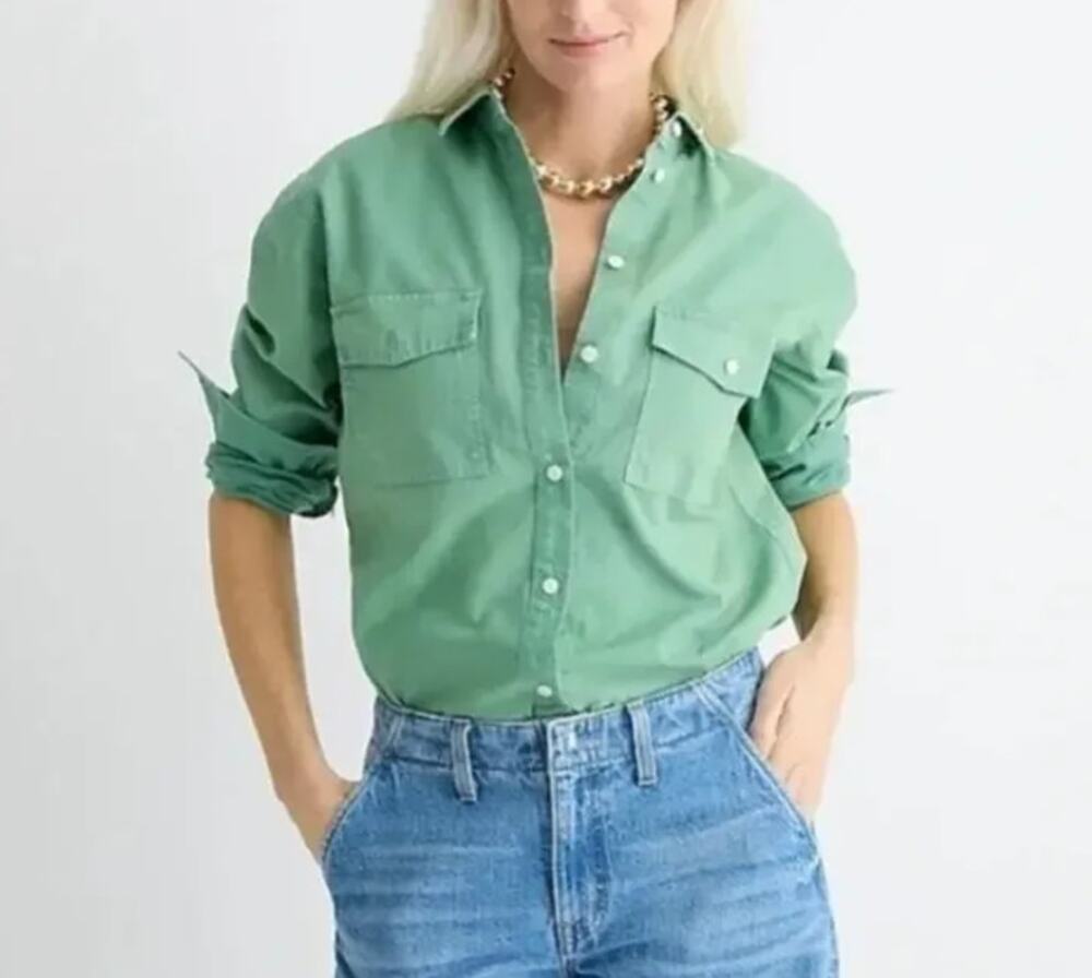 J. Crew Garment-Dyed Chambray Long Sleeve Button-Up Shirt Green Plus Size 18